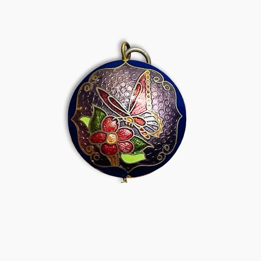 Vintage Cloisonne Enamel Pendant Plum Blossom Chinese Asian Lot Two Butterfly